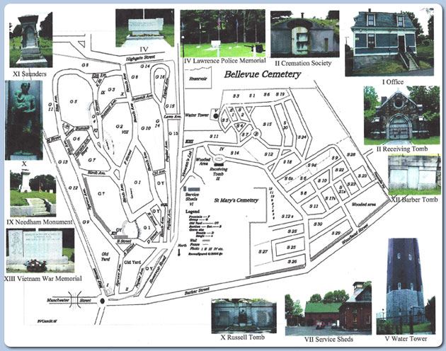 Cemetery map of Bellevue Cemetery in Lawrence, Massachusetts.