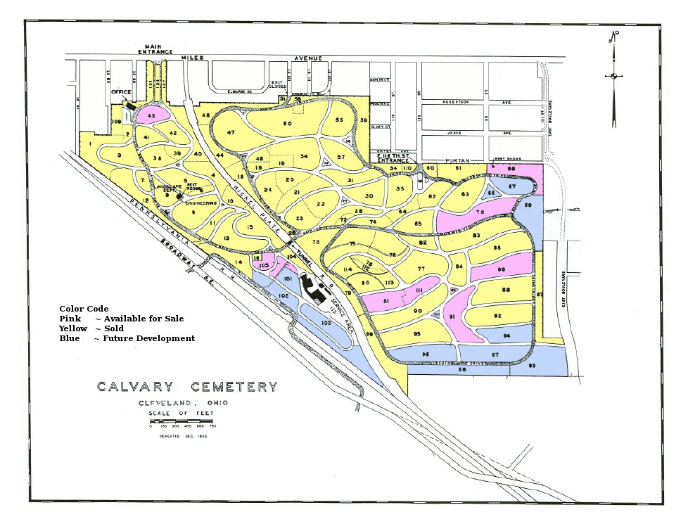 Map of Calvary Cemetery in Cleveland, Ohio.