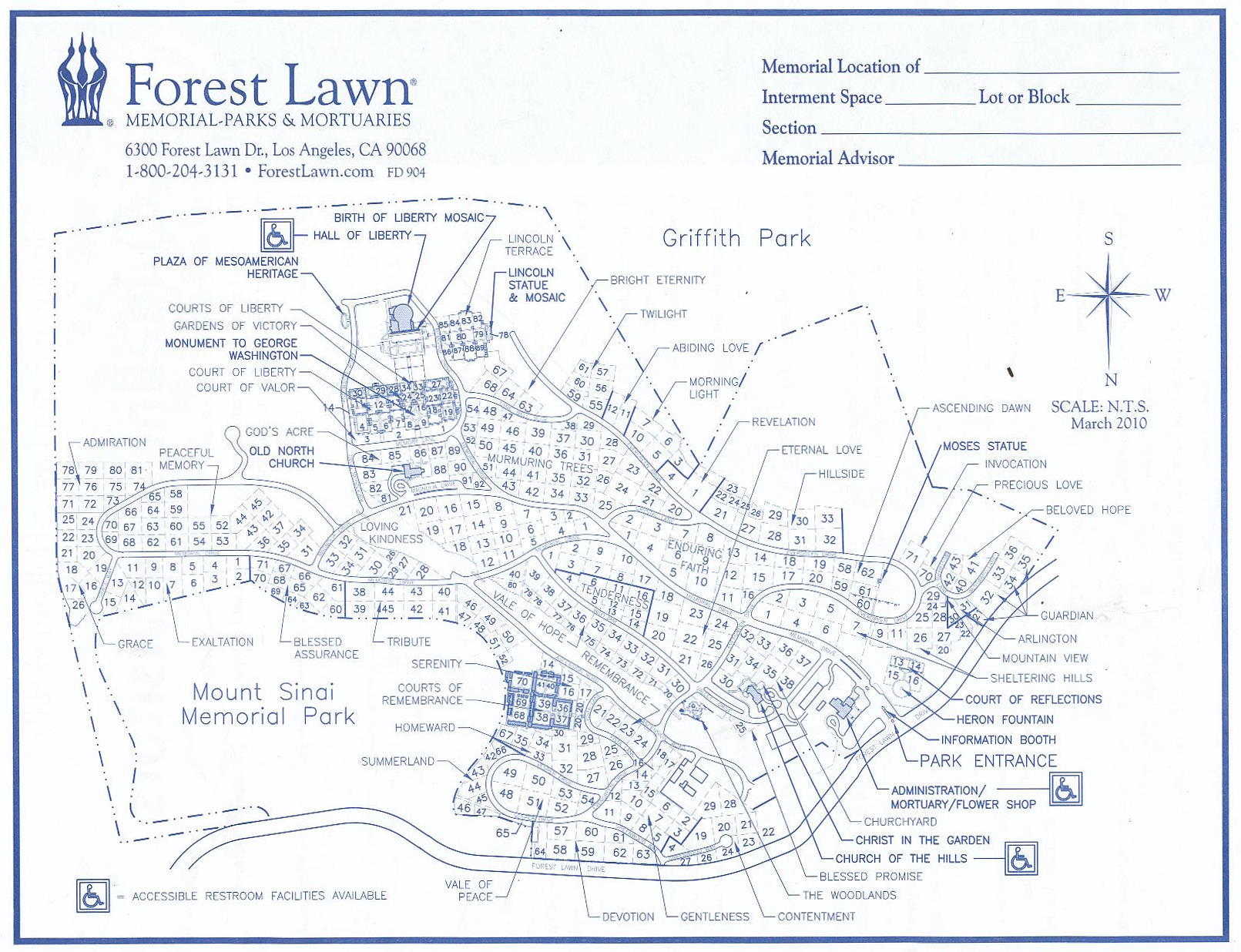 Cemetery map of Forest Lawn Memorial Park - Hollywood Hills in Los Angeles, California.