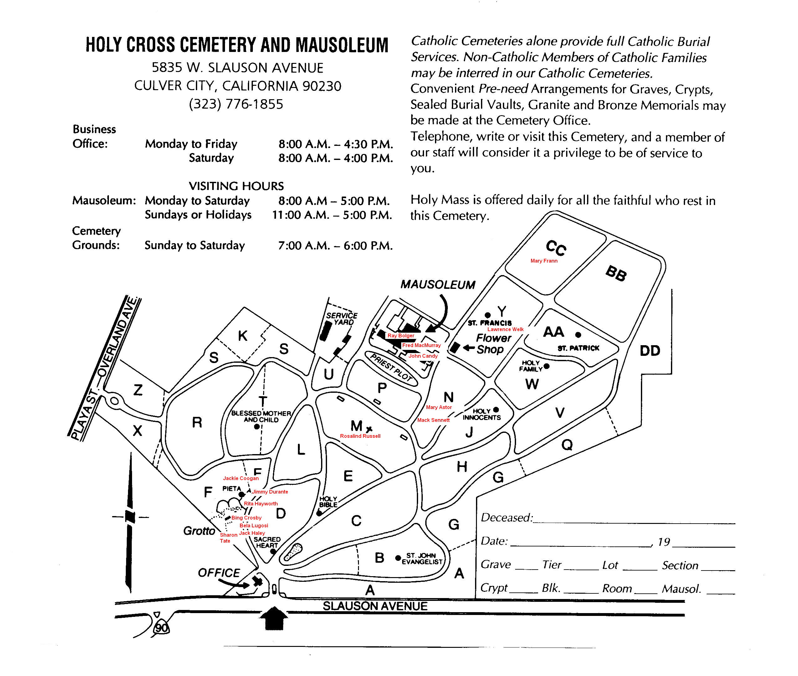 Cemetery map of Holy Cross Cemetery in Culver City, Los Angeles, California