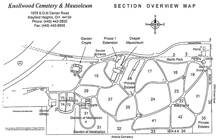 Cemetery Map of Knollwood Cemetery in Mayfield Heights in Ohio.