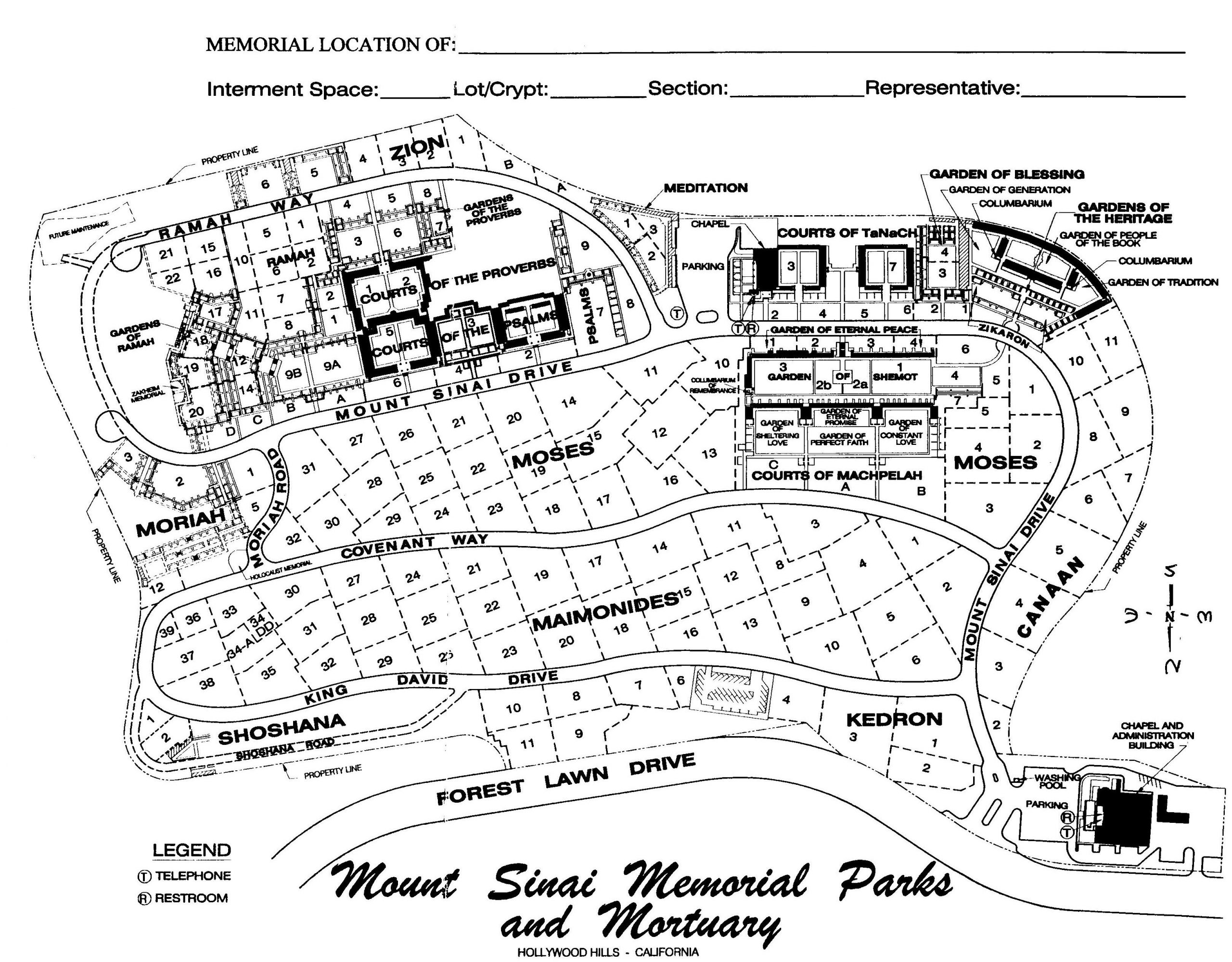 Cemetery map of Mt. Sinai Memorial Park in Los Angeles, California.