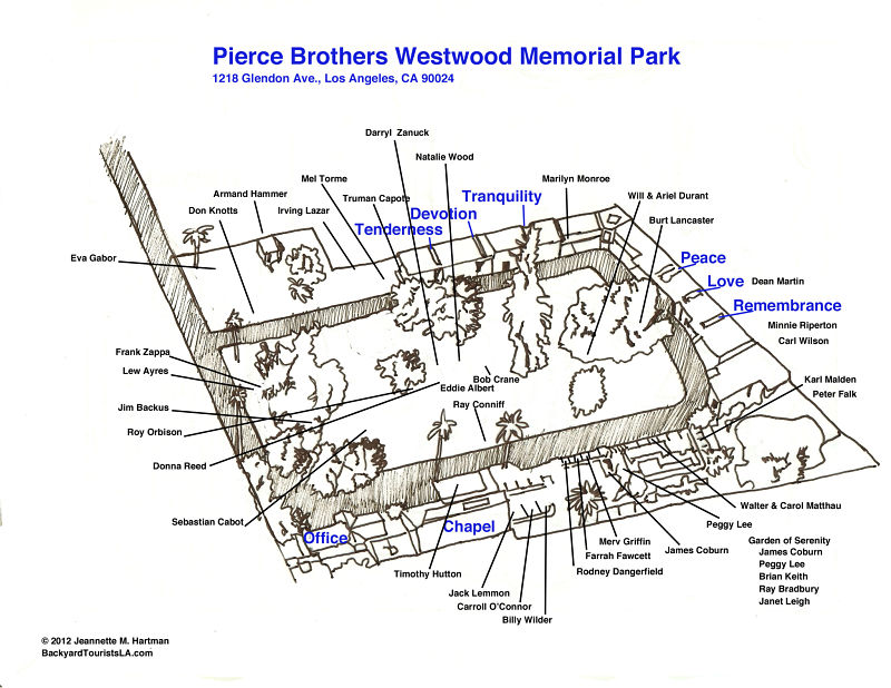 Map of Pierce Brothers Westwood Village Memorial Park in Los Angeles, California. Copyright 2020 Jeannette M. Hartman.