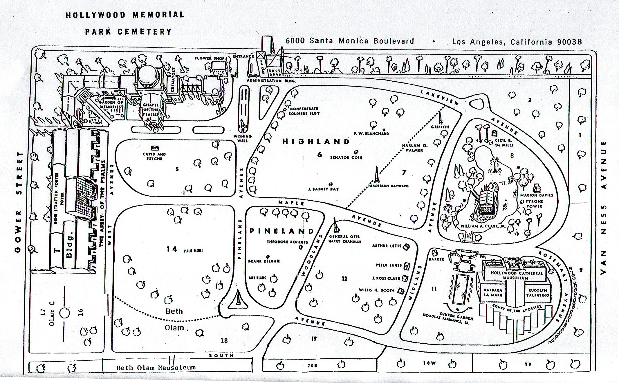 Map of Hollywood Forever Cemetery in Los Angeles, California