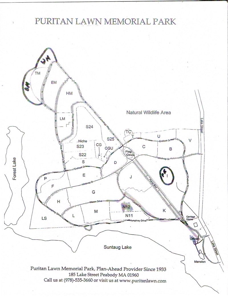 Map of Puritan Lawn Cemetery in Peabody, Massachusetts