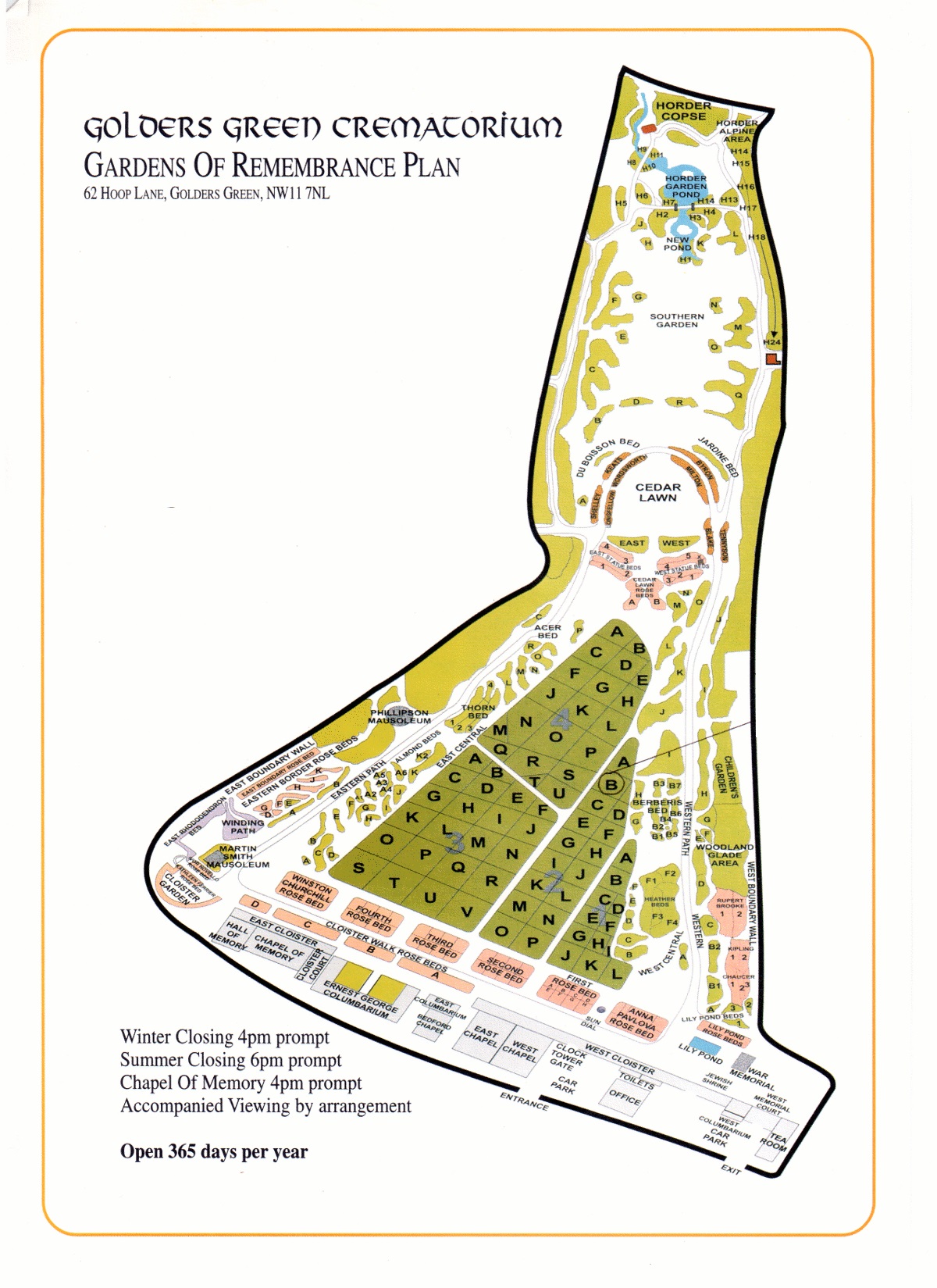 Cemetery map of Golders Green Crematorium in London, England.