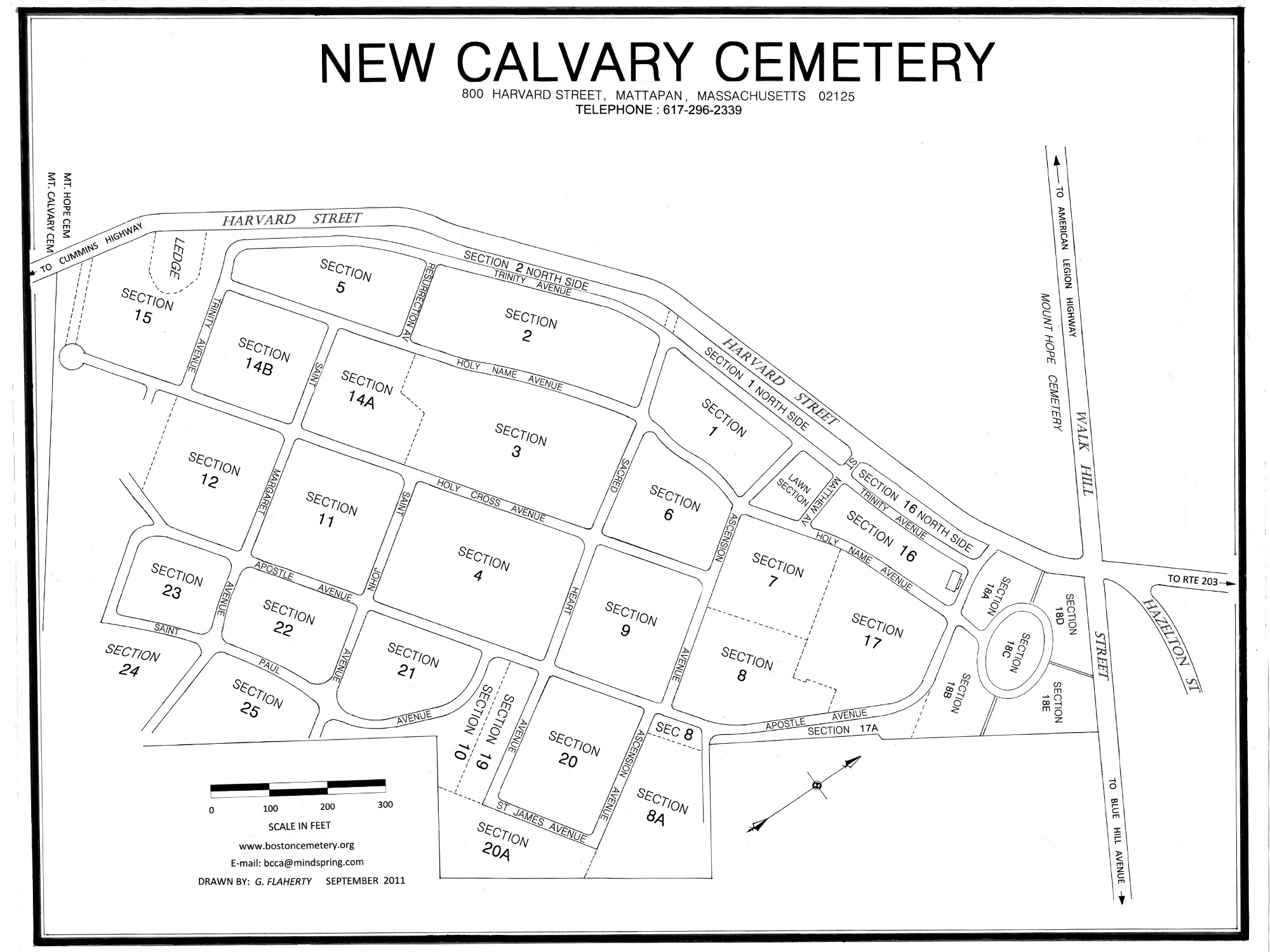 Cemetery map of New Calvary Cemetery in Mattapan, Massachusetts.