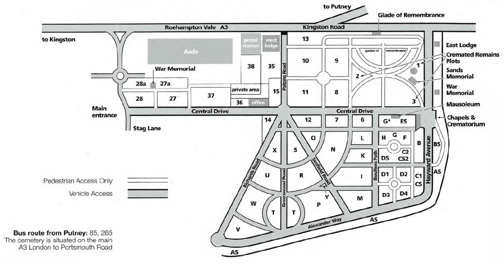 Cemetery map for Putney Vale Cemetery and Crematorium in Putney, England.