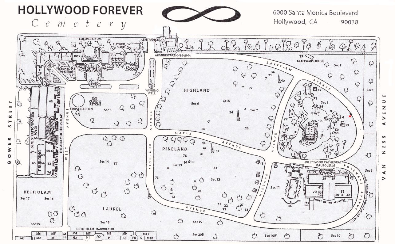 Map of Hollywood Forever Cemetery in Los Angeles, California.
