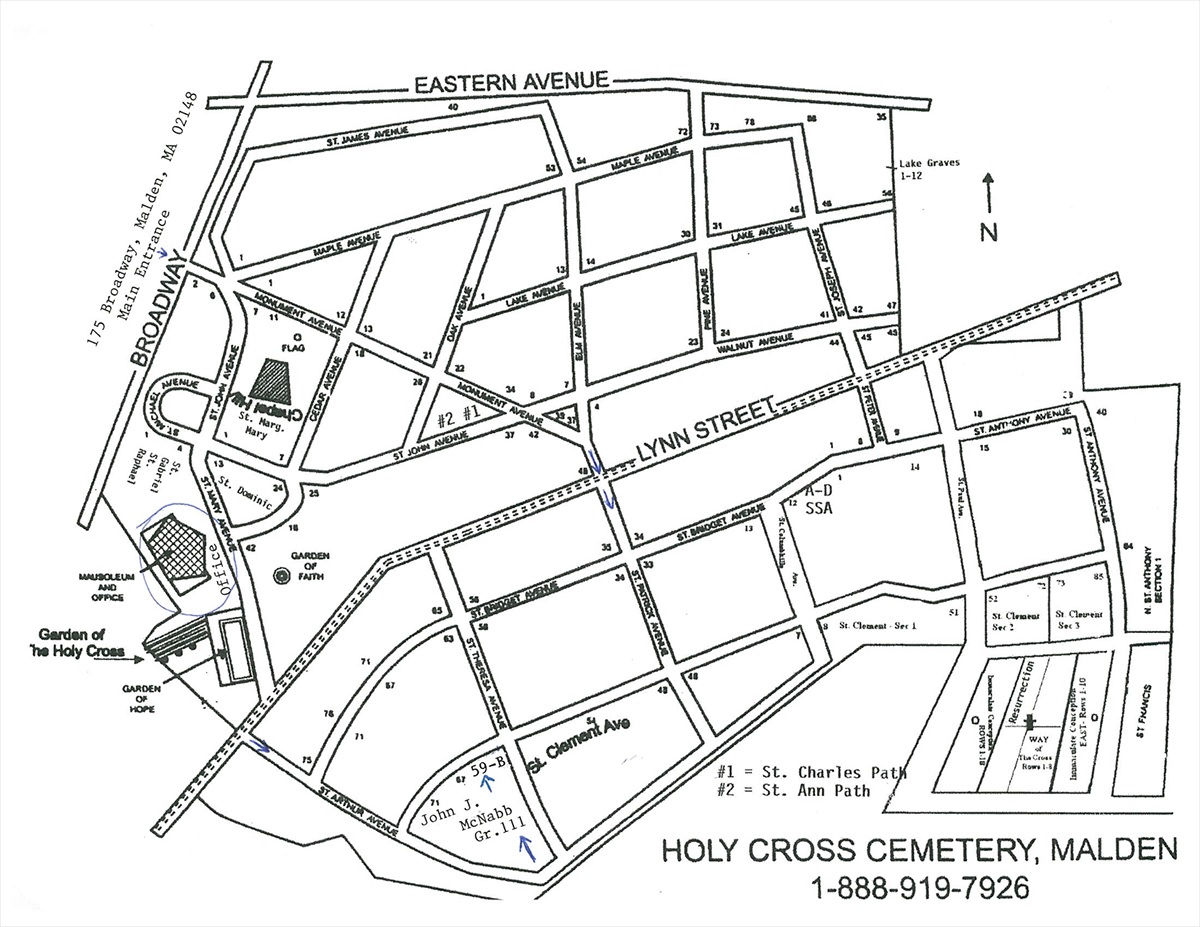 Map of Holy Cross Cemetery in Malden MA