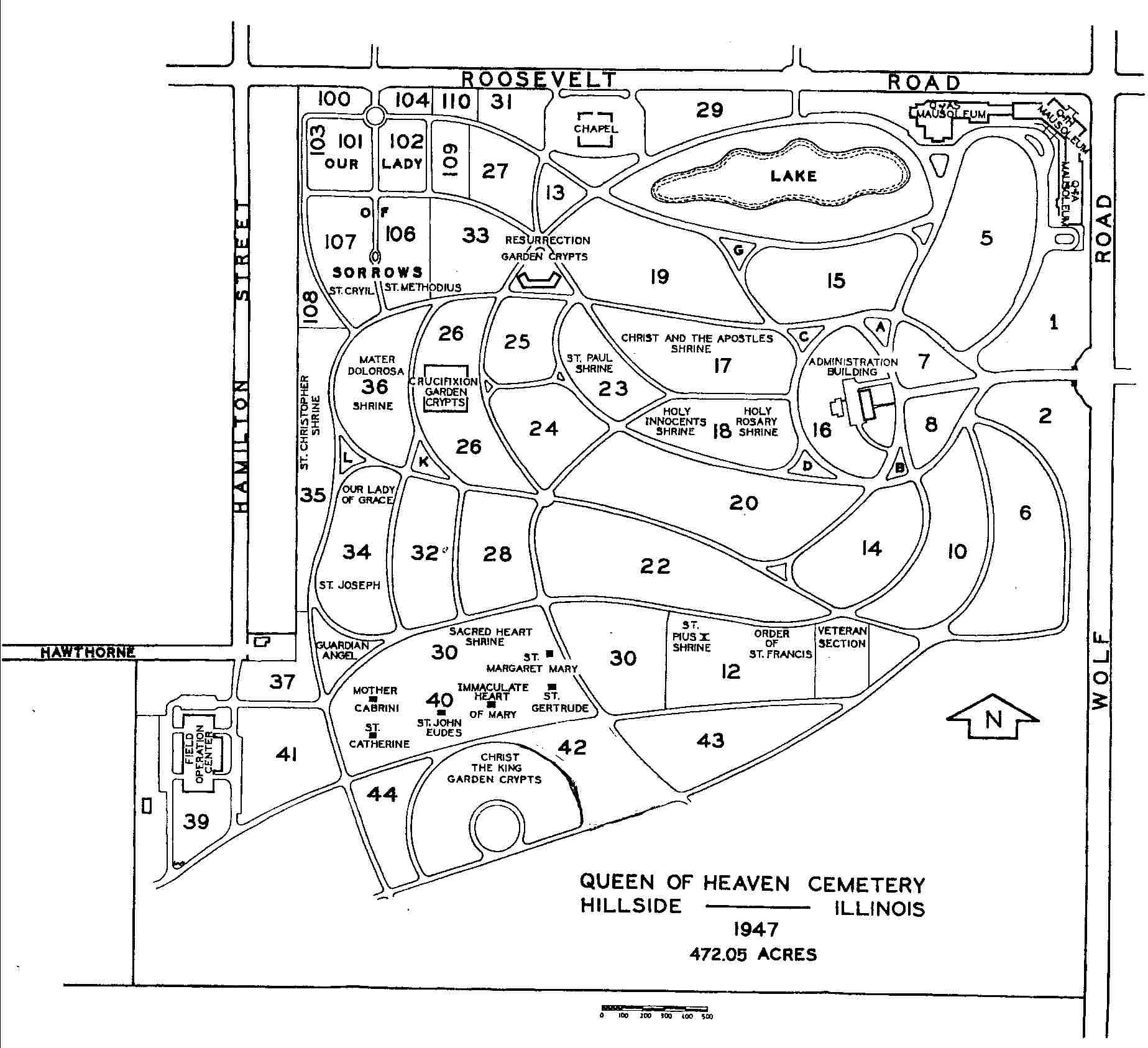 map of Queen of Heaven Catholic Cemetery in Hillside Illinois