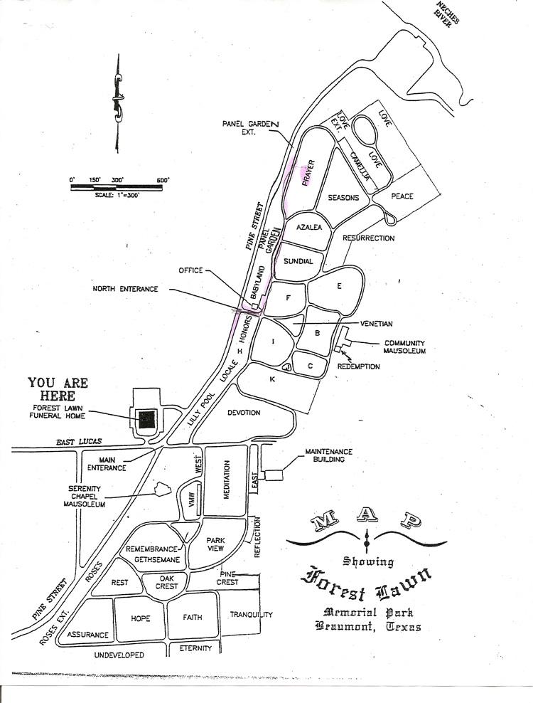 Cemetery map of Forest Lawn Memorial Park and Funeral Home in Beaumont, Texas.