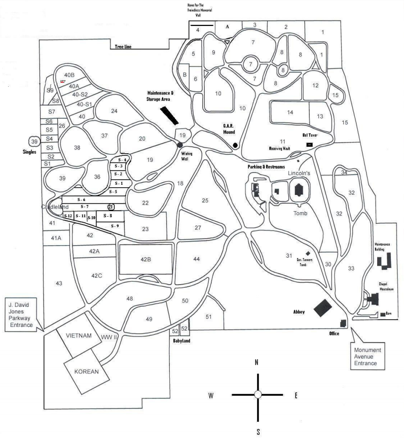 Cemetery map of Oak Ridge Cemetery in Springfield, Illinois.