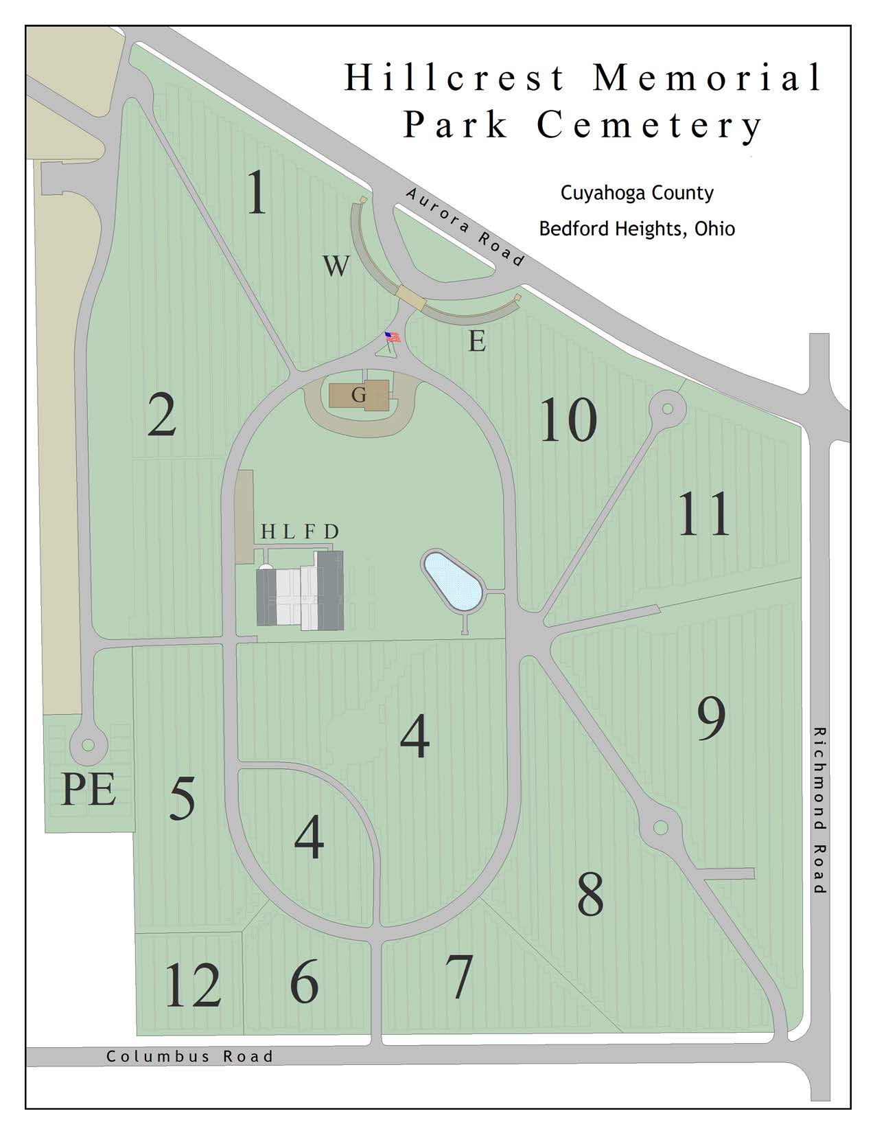 Map of Hillcrest Memorial Park Cemetery in Bedford Heights in Ohio