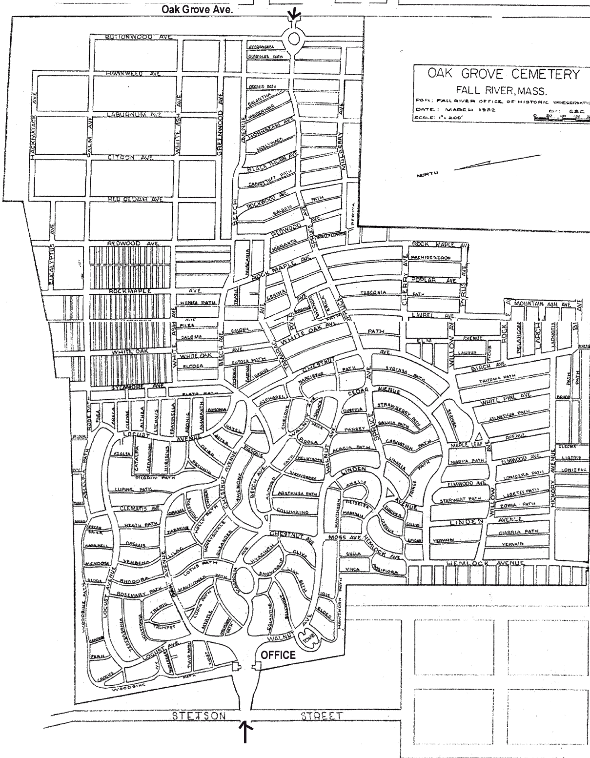 map of Oak Grove Cemetery in Fall River Massachusetts