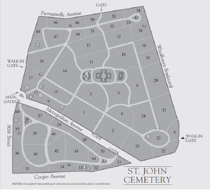 Map of St. John Cemetery in Queens, New York