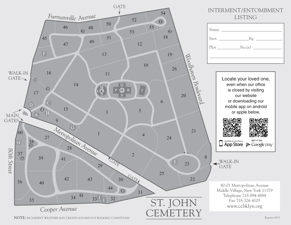 Map of St. John Cemetery in Middle Village, New York