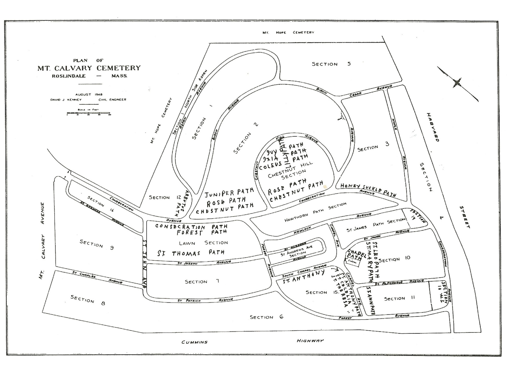 Map of Mount Calvary Cemetery in Roslindale Massachusetts