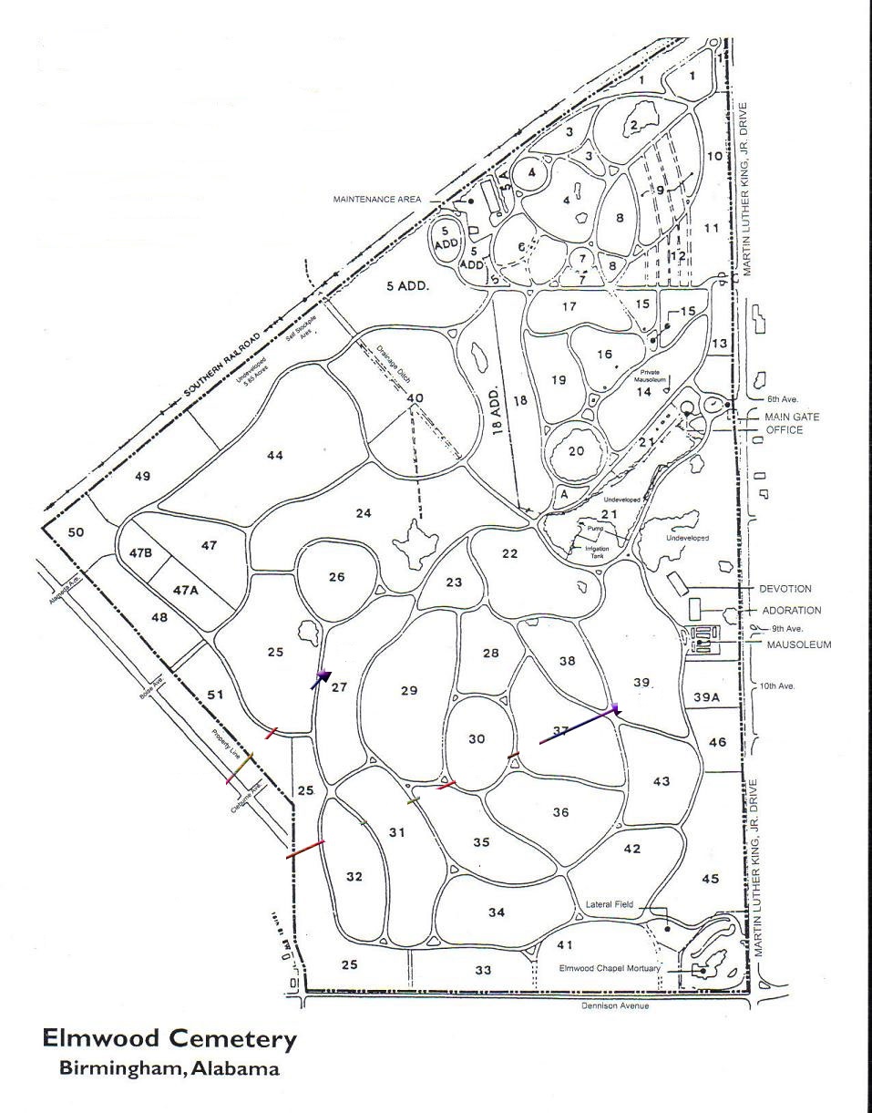 map of Elmwood Cemetery in Birmingham Alabama