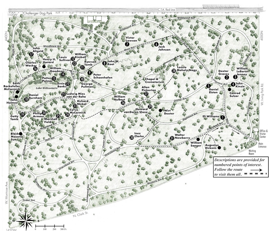 Map of Graceland Cemetery, Chicago, Illinois