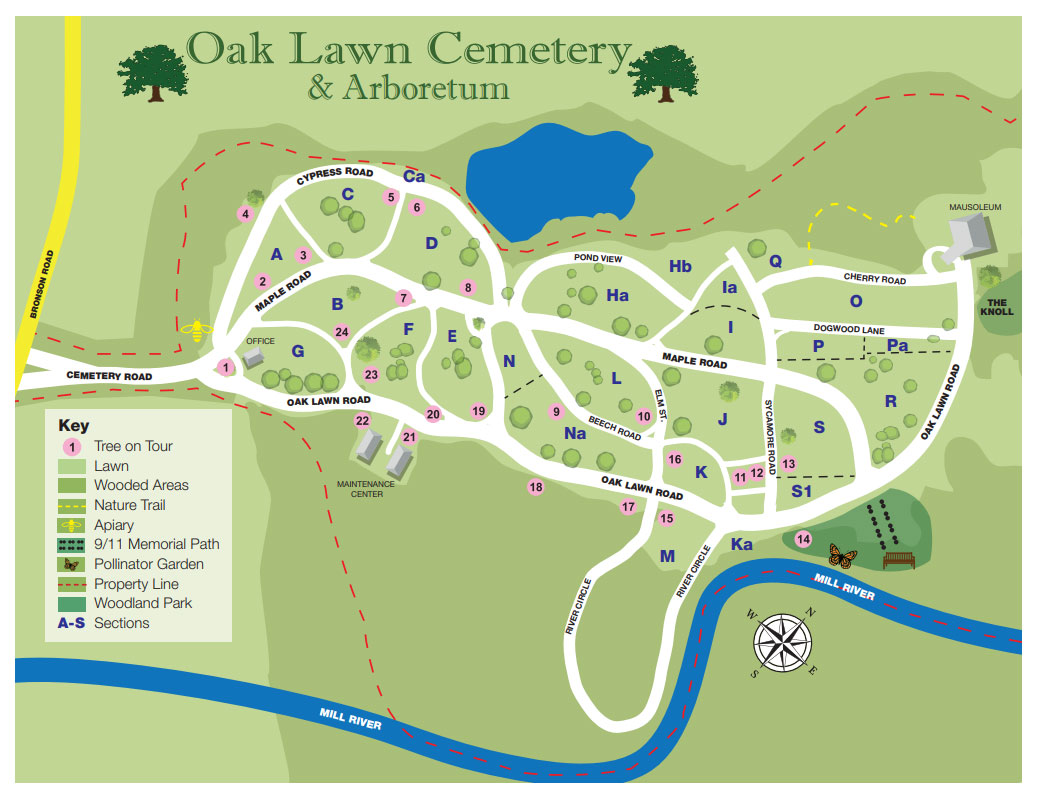 Cemetery Map of Oak Lawn Cemetery in Fairfield, CT.