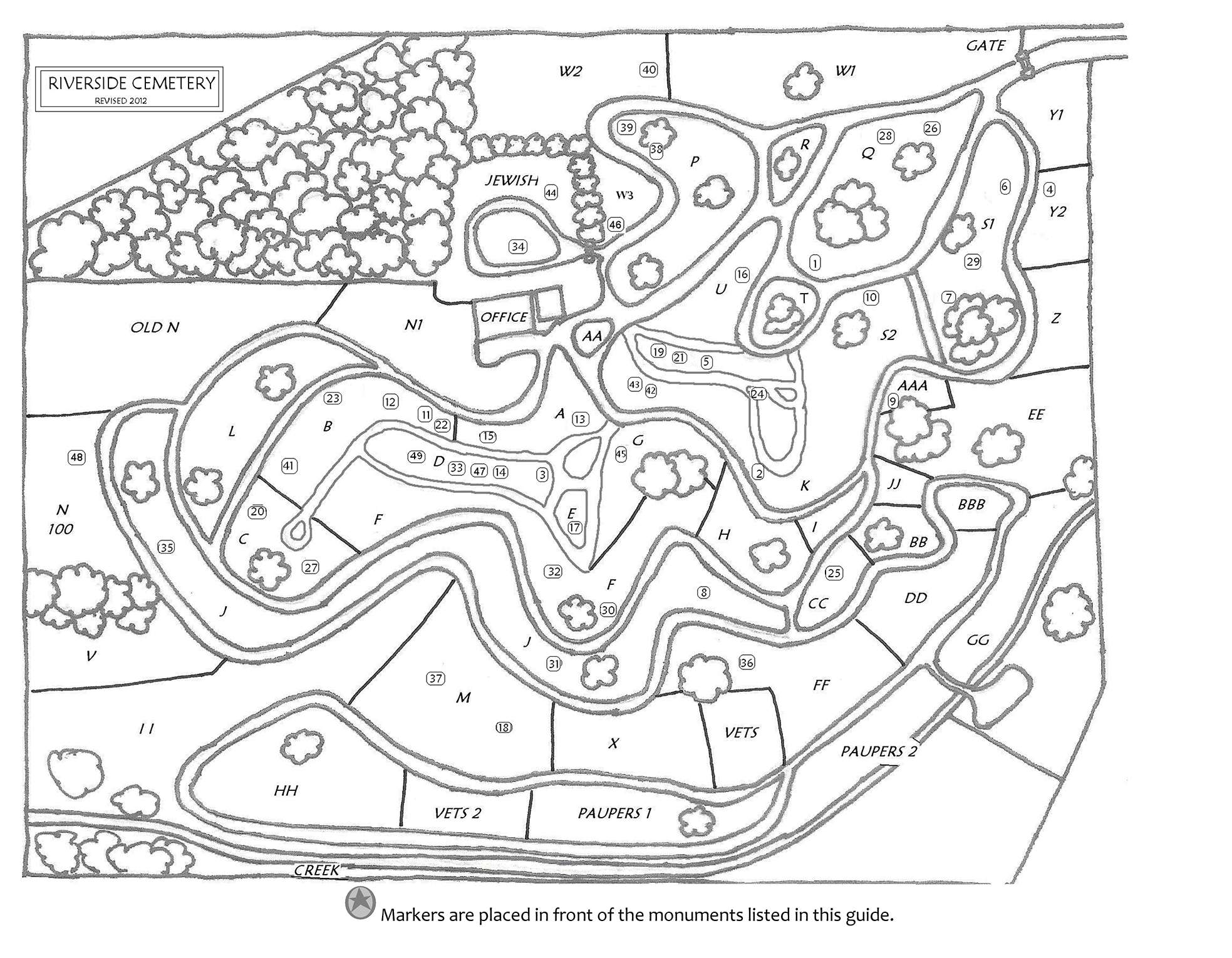 Cemetery map of Riverside Cemetery in Ashville, North Carolina.