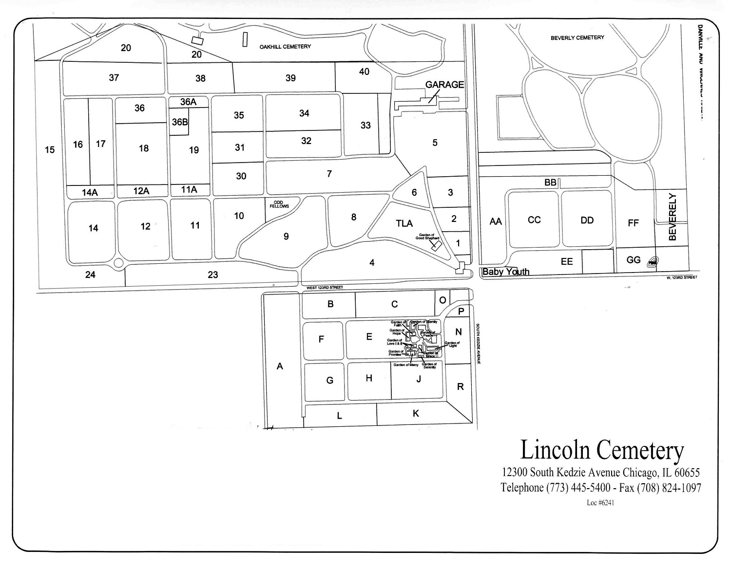 Cemetery map of Lincoln Cemetery in Blue Island, Illinois.