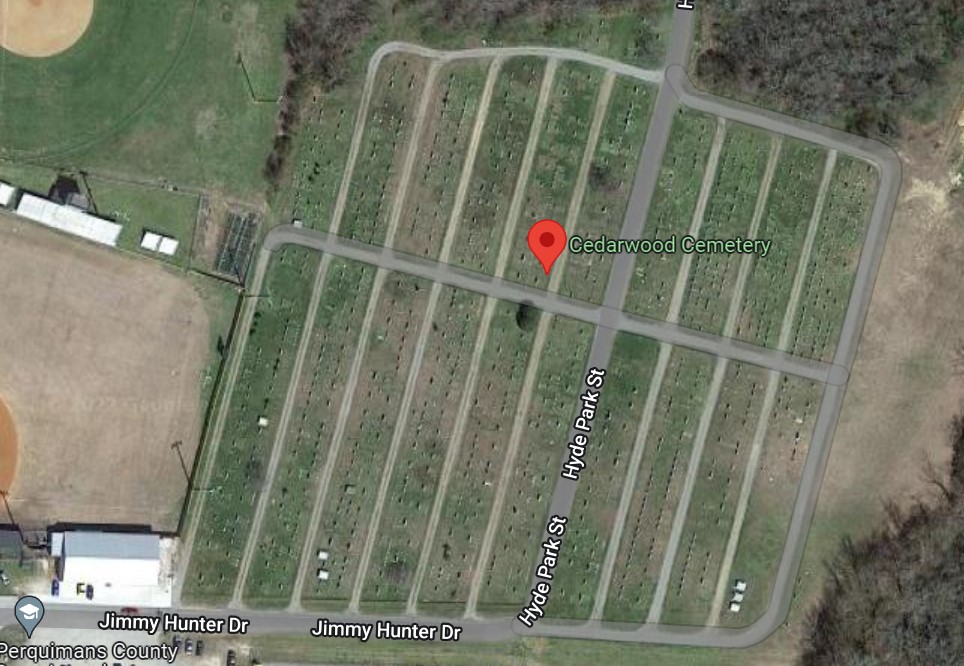 Cemetery map of Cedarwood Cemetery in Hertford, North Carolina (copyright 2022 Google).