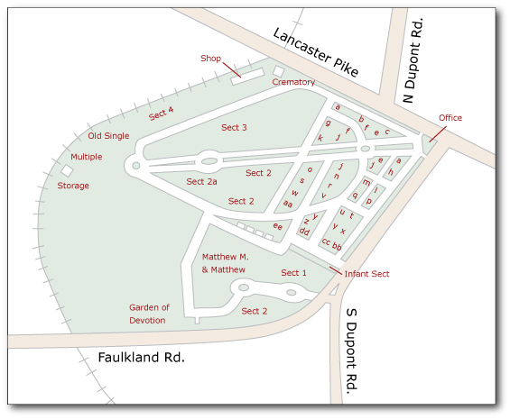 Cemetery map of Silverbrook Cemetery in Wilmington, Delaware.