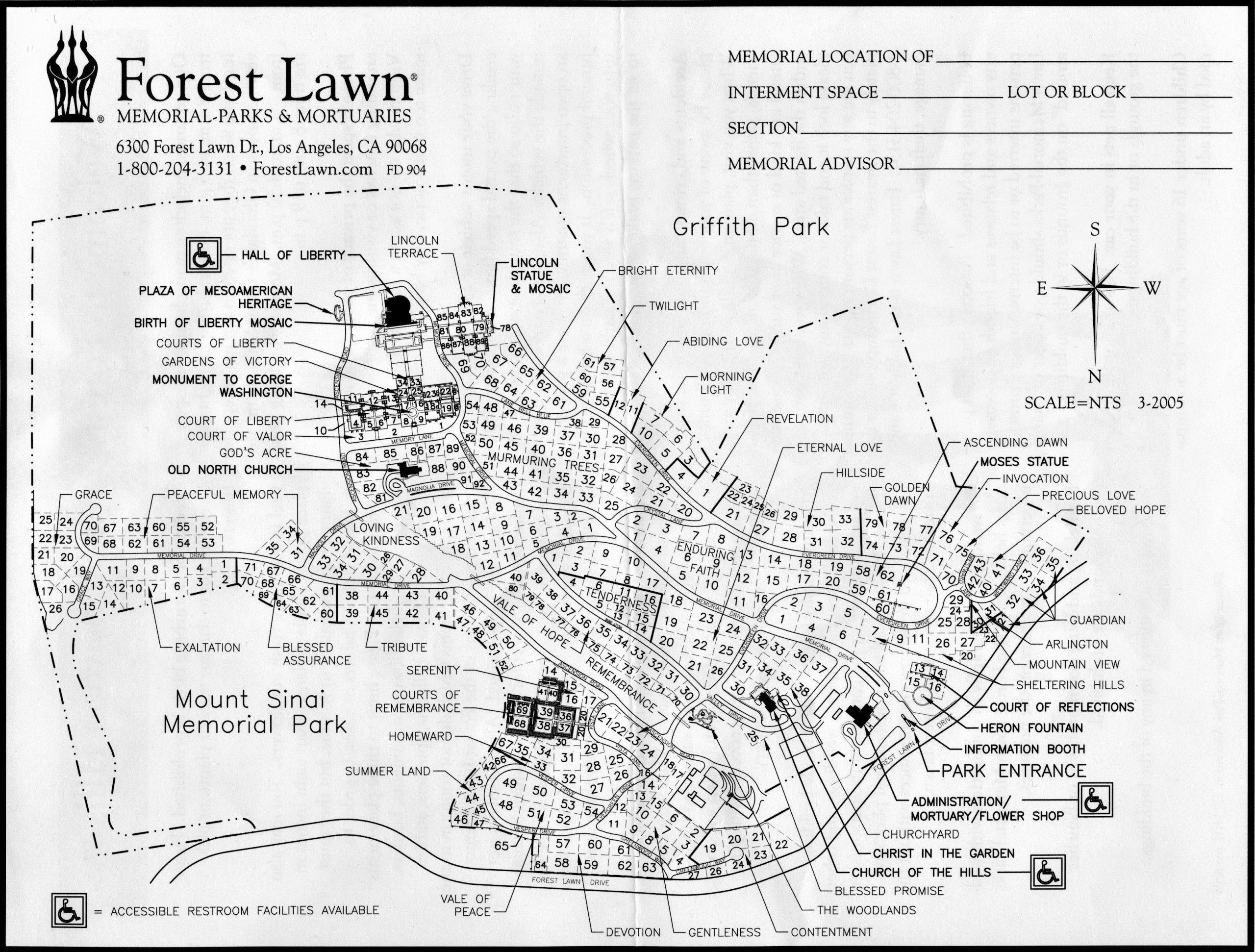 Map of Forest Lawn Memorial Park in Hollywood Hills, Los Angeles, California
