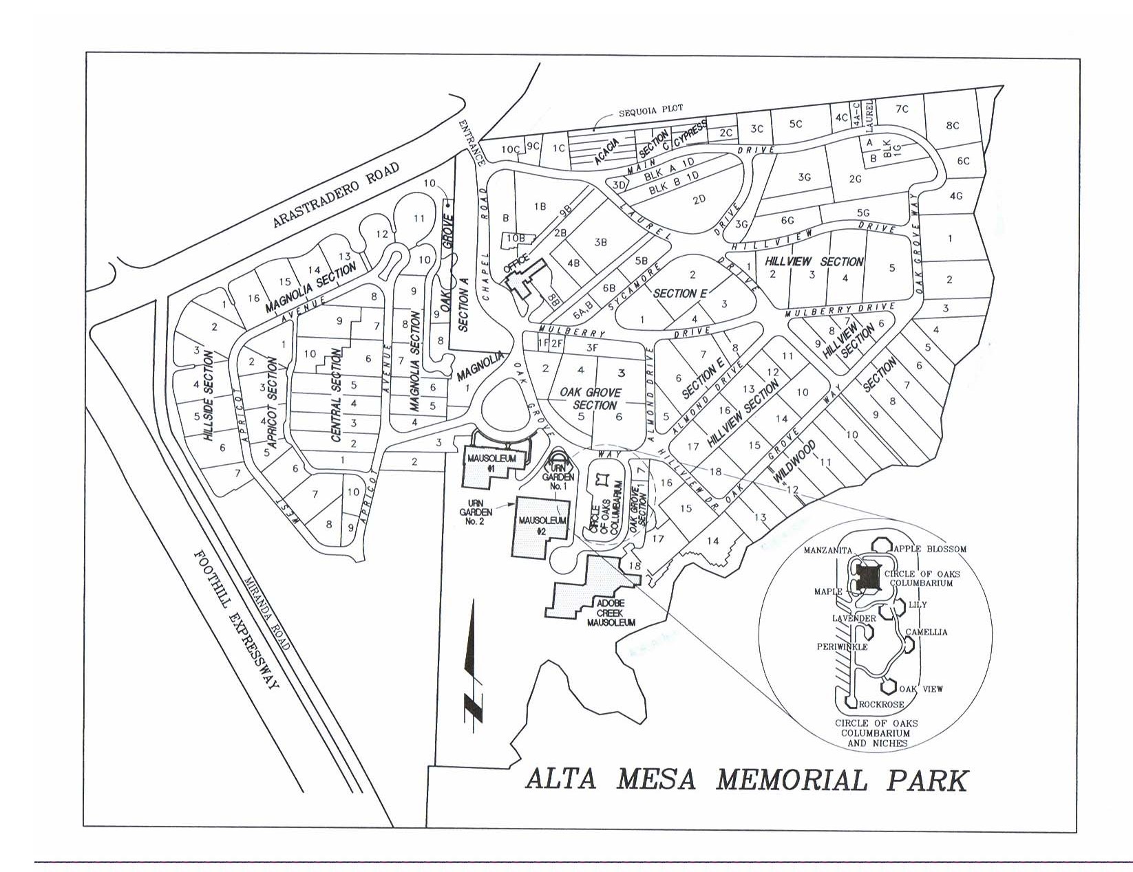 Map of Alta Mesa Memorial Park in Palo Alto, California
