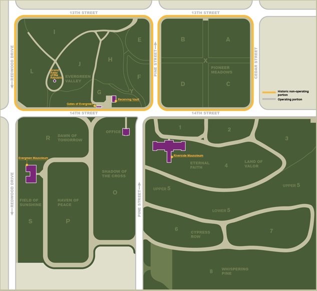 Map of Evergreen Memorial Park in Riverside, California