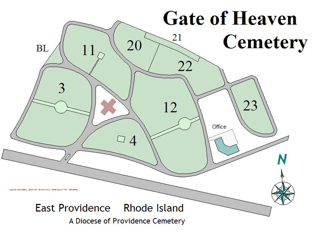 Map of Gate of Heaven Cemetery in Riverside, Rhode Island.
