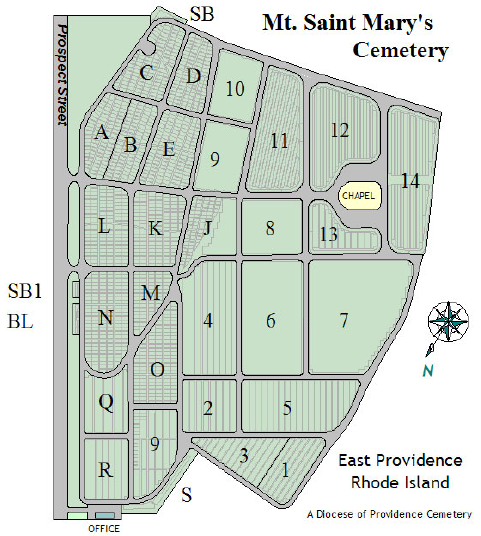 Map of Mount Saint Mary's Cemetery in Pawtucket, Rhode Island