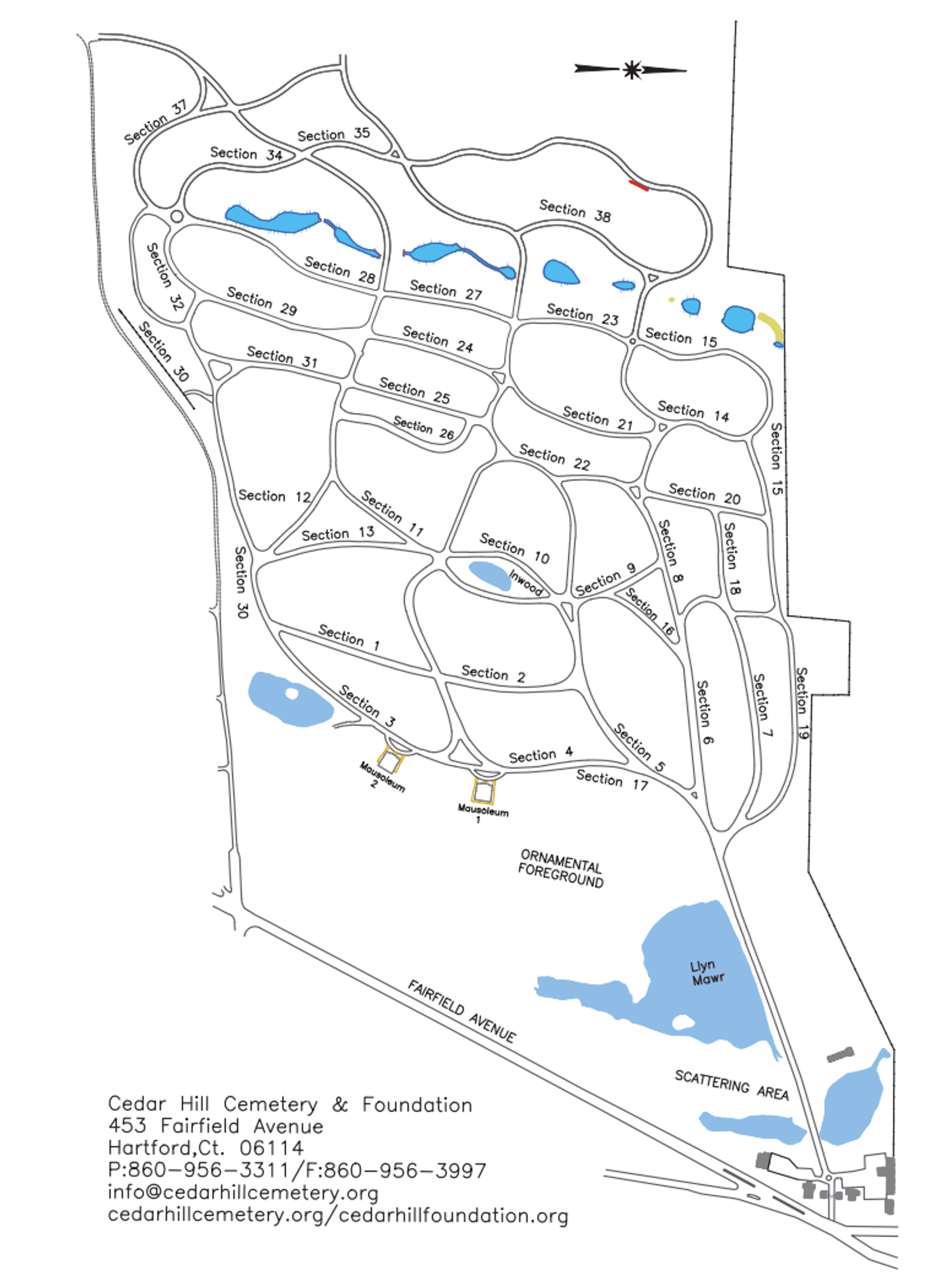 Map of Cedar Hill Cemetery in Hartford, Connecticut