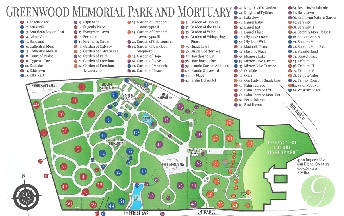 Map of Greenwood Memorial Park in San Diego, California