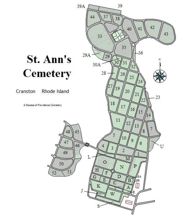 Map of St. Ann Cemetery in Cranston, Rhode Island