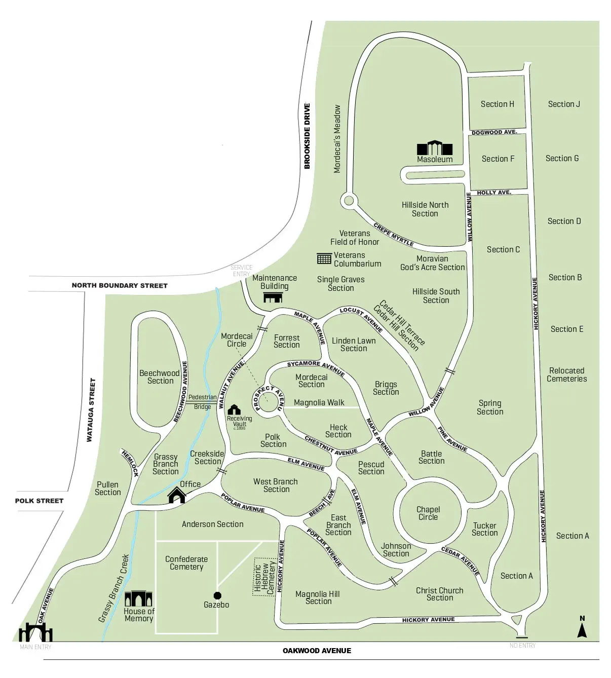Map of historic Oakwood Cemetery in Raleigh, North Carolina