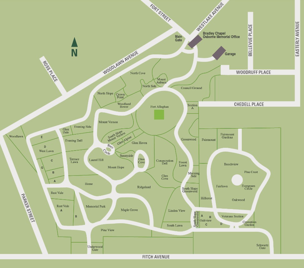Map of Fort Hill Cemetery in Auburn, New York