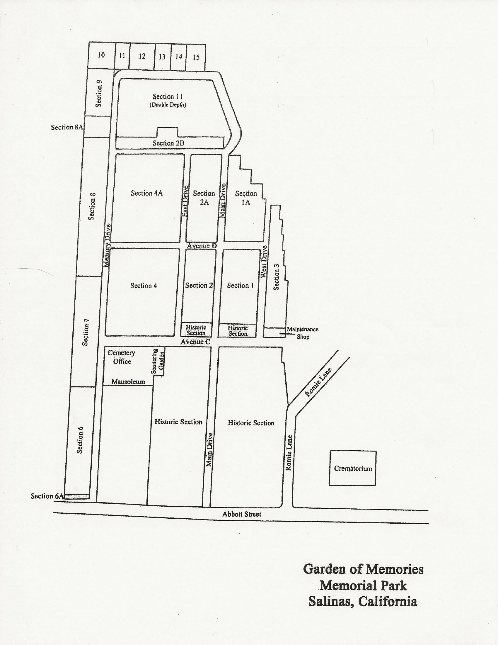 Map of Garden of Memories Cemetery in Salinas, California