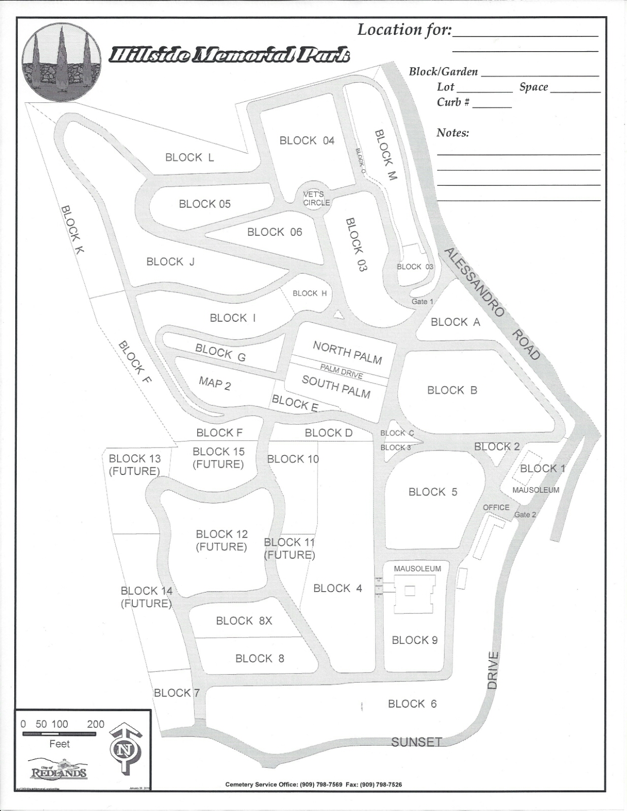 Map of Hillside Memorial Park in Redlands, California