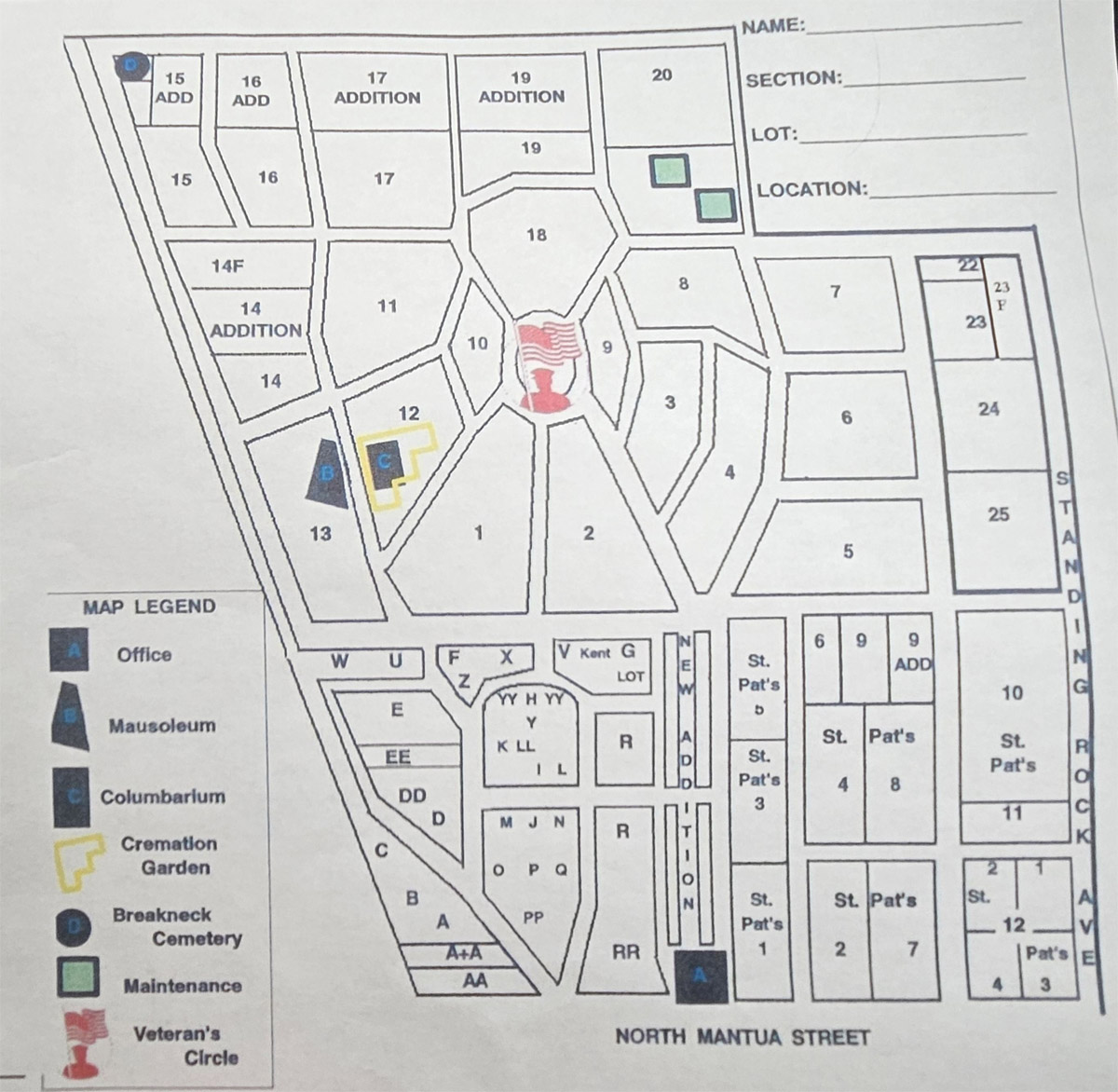 map of Standing Rock Cemetery in Kent, Ohio