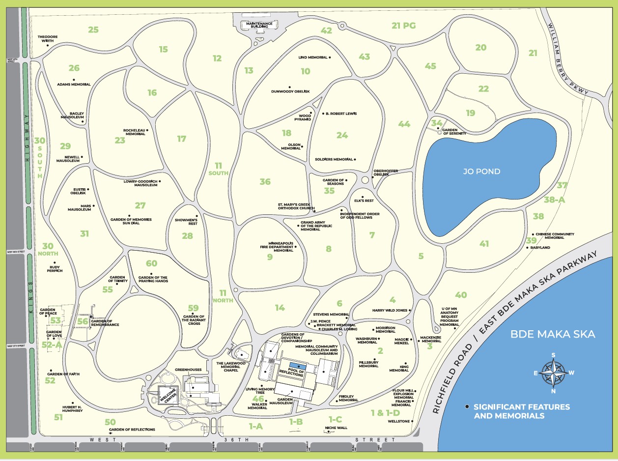 Map of Lakewood Cemetery in Minneapolis, Minnesota